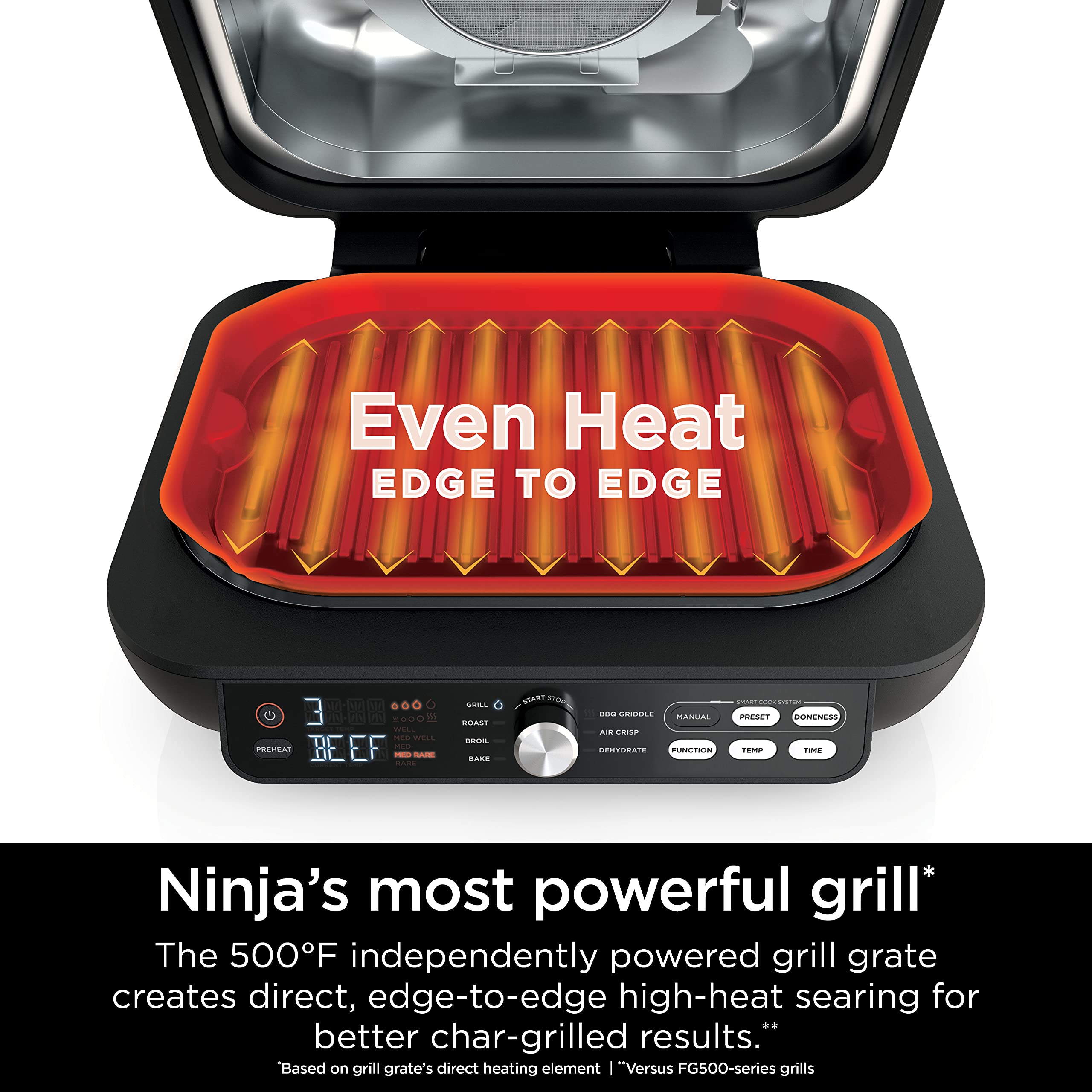 Ninja IG651 Foodi Smart XL Pro 7-in-1 Indoor Grill/Griddle Combo, use Opened or Closed, Air Fry, Dehydrate & More, Pro Power Grate, Flat Top, Crisper, Smart Thermometer, Black