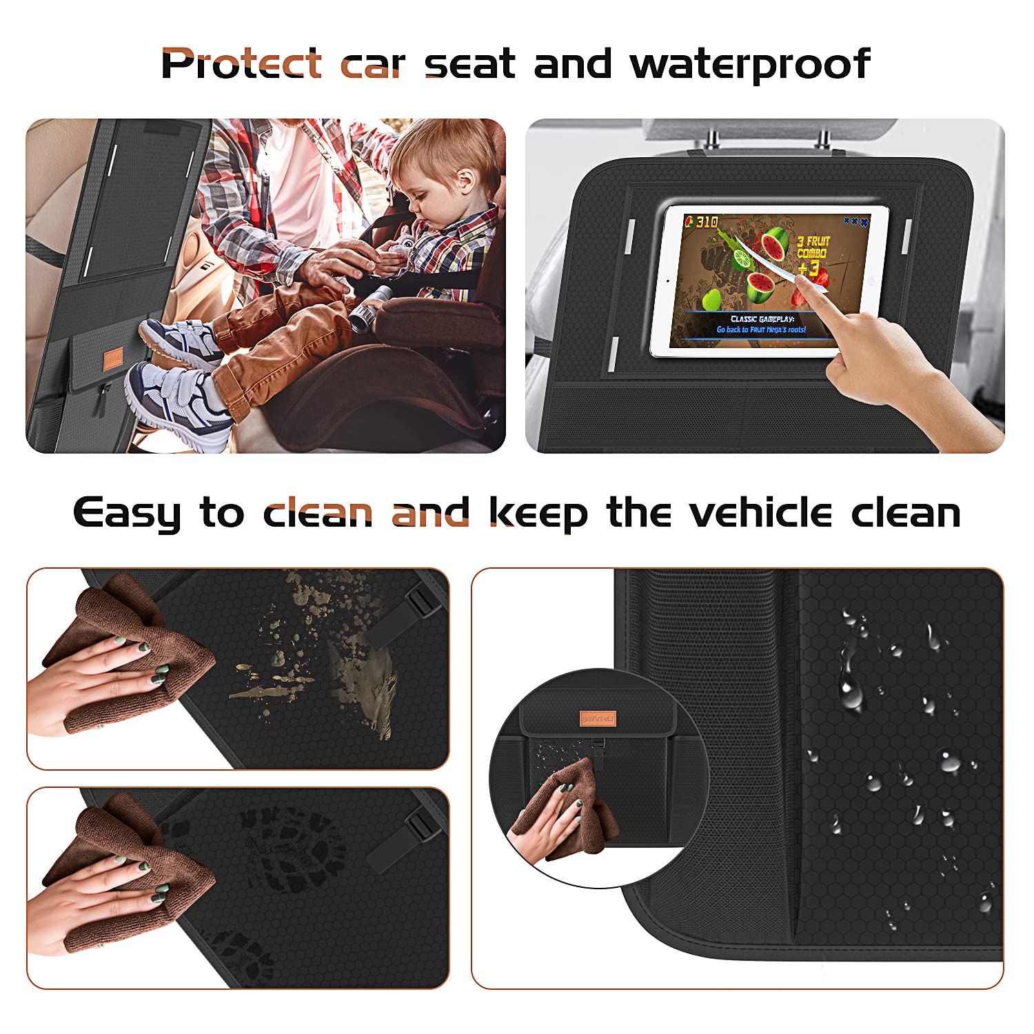 SMART ELF Backseat Car Organizer with iPad Holder + 6 Storage Pockets, Back Seat Protectors Kick Mats for Child Baby Kids, Premium Fabric with Sag Proof, Waterproof, Stain Resistant and Easy Clean