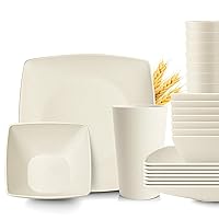 Teivio 24-piece Plastic Wheat Straw Square Dinnerware Set for 8, Unbreakable Dinner Plates, Snack Bowls, Tumblers 20 oz, Dishwasher Safe, Beige