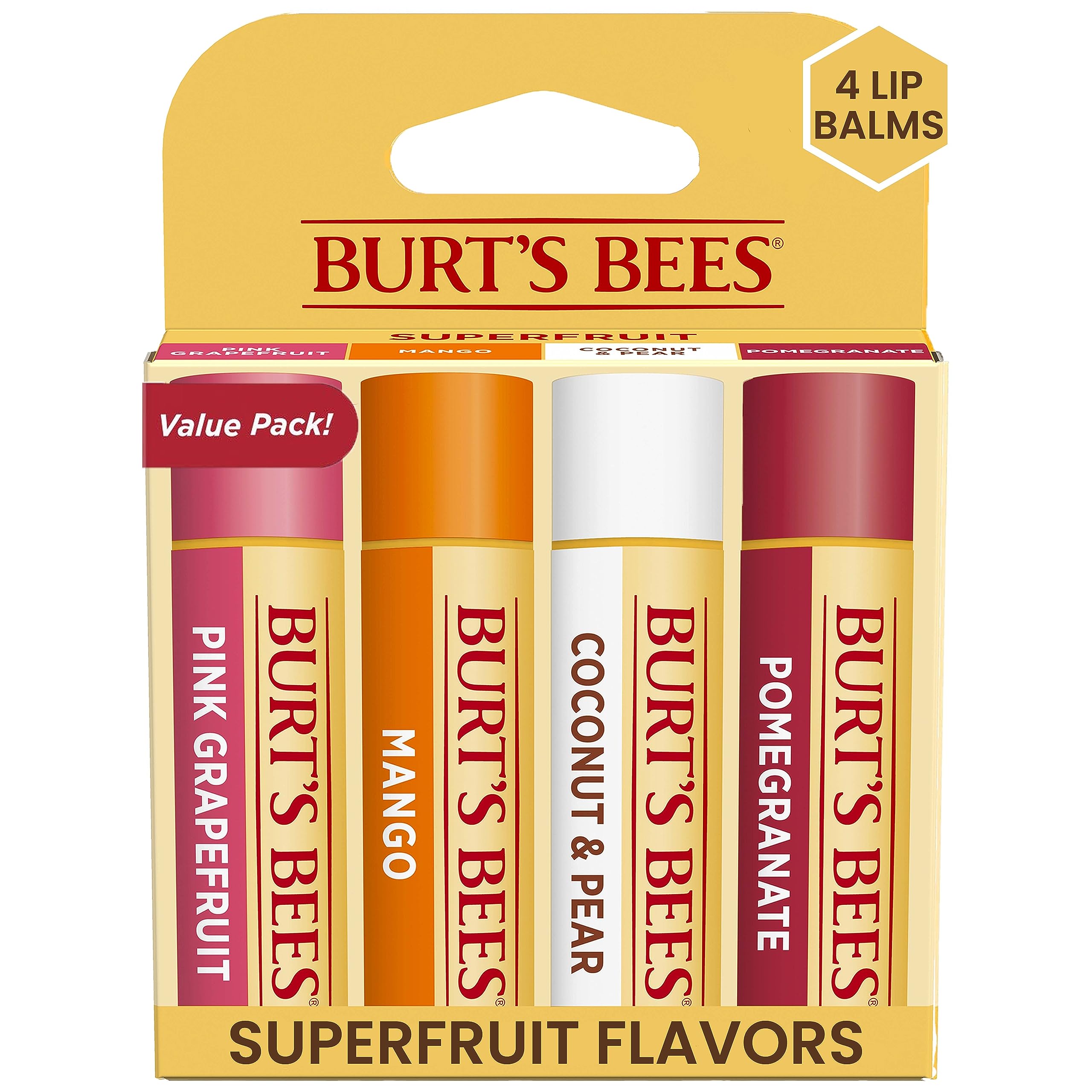 Burt's Bees Lip Balm, Moisturizing Lip Care For All Day Hydration, 100% Natural, SuperFruit - Pomegranate, Coconut & Pear, Mango, Pink Grapefruit (4 Pack)