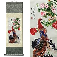 AtfArt Asian Wall Decor Beautiful Silk Scroll Painting Birds - Phoenix - Luan Xiang Feng Zhu Oriental Decor Chinese Art Wall Scroll Wall Hanging Painting Scroll (36.2 x 12 in)