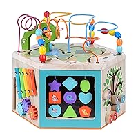 Teamson Kids Preschool Play Lab 7-in-1 Large Wooden Activity Cube Station Center Bead Maze and Counting for Kids Baby Toys, Natural