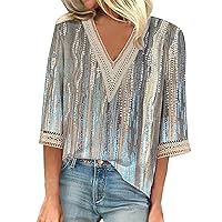 Women's 3/4 Length Sleeve Tunic Tops V-neck Blouses Fashion Casual Loose 2024 Summer Floral Printed T-Shirts