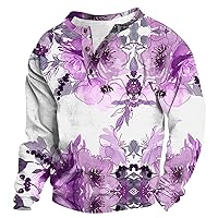 Mens Casual Long Sleeve Henley Shirts Fashion Button Shirts with Flower Print Classic Lightweight Comfy Tops Blouse