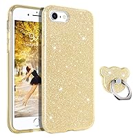 GUAGUA Compatible with iPhone SE 2022/2020 Case, iPhone 8/7 Case 4.7 Inch Glitter Sparkle Bling Cover for Girls Women with Extra Ring Kickstand Slim Protective Case for iPhone SE 3rd/2nd, Gold