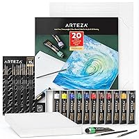 Arteza Acrylic Painting Art Set, 12 Colors Acrylic Paint, 15 Detail Brushes and 7x8.6 Inches Foldable Canvas Paper Pad Bundle, Art Supplies for Artists & Hobby Painters