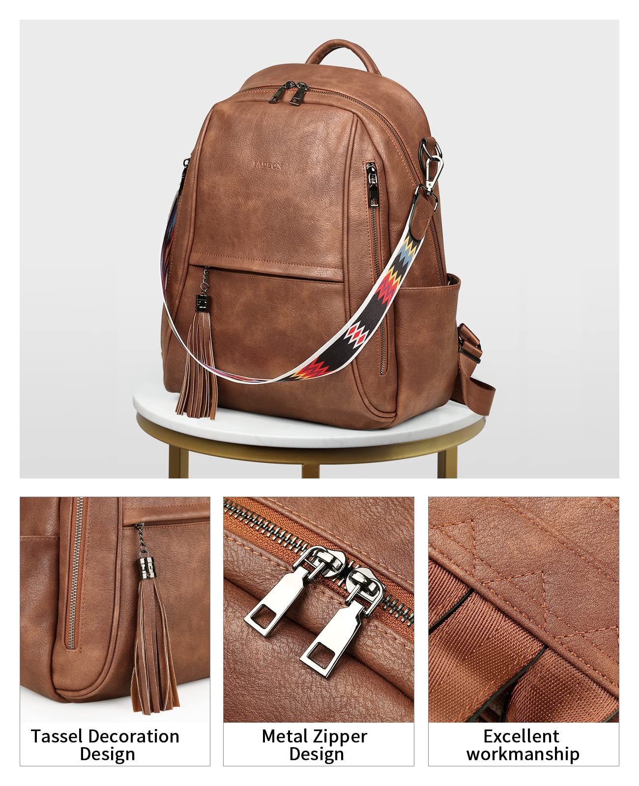 FADEON Backpack Purse for Women, Leather Handbags Designer Cute Roomy Ladies Shoulder Bag with Tassel