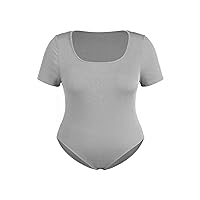 Women's Solid Square Neck Short Sleeve Bodysuit Plus Size