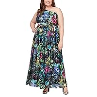 S.L. Fashions Women's Plus Size Printed One Shoulder Long Maxi Dress with Tie Waist