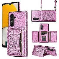 Wallet Case for Samsung Galaxy A24 4G/A25 5G/M34 /F34 with Shoulder Strap 6 Card Slots Thin Slim Flip Purse, Credit Card Holder Stand Sparkly Glitter Bling Phone Cover for A 25 24A 25A LTE Pink
