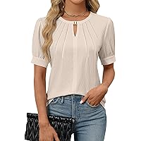 Blooming Jelly Womens Dressy Casual Tops Keyhole Business Work Blouses Pleated Puff Sleeve Summer Shirts