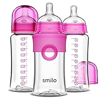 Smilo Baby Bottle Set with Stage 0 Slow Flow Anti Colic Nipple, 10 Oz / 300 ml Capacity, 3X Pack of Anti Colic Baby Bottles 0-3 Months - Pink