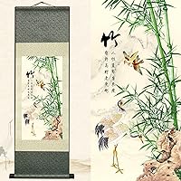 Newscz Asian Wall Art for Living Room Chinoiserie Decor Vertical Wall Scroll Silk Scroll Painting Art Poster Four Gentlemen of the Garden - Bamboo Art Mural Oriental Decor Ready to Hanger 36 by 12 in