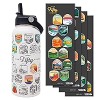 Official Fifty States Bucket List Travel Water Bottle with Waterproof Stickers and Straw | Cream 32 oz Engraved | Insulated Stainless Steel Vacuum Sealed | Leak Proof