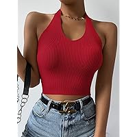 Rib Knit Backless Knit Top (Color : Red, Size : Small)