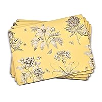 Pimpernel Sanderson Etchings & Roses Yellow Collection Placemats | Set of 4 | Heat Resistant Mats | Cork-Backed Board | Hard Placemat Set for Dining Table | Measures 15.7” x 11.7”