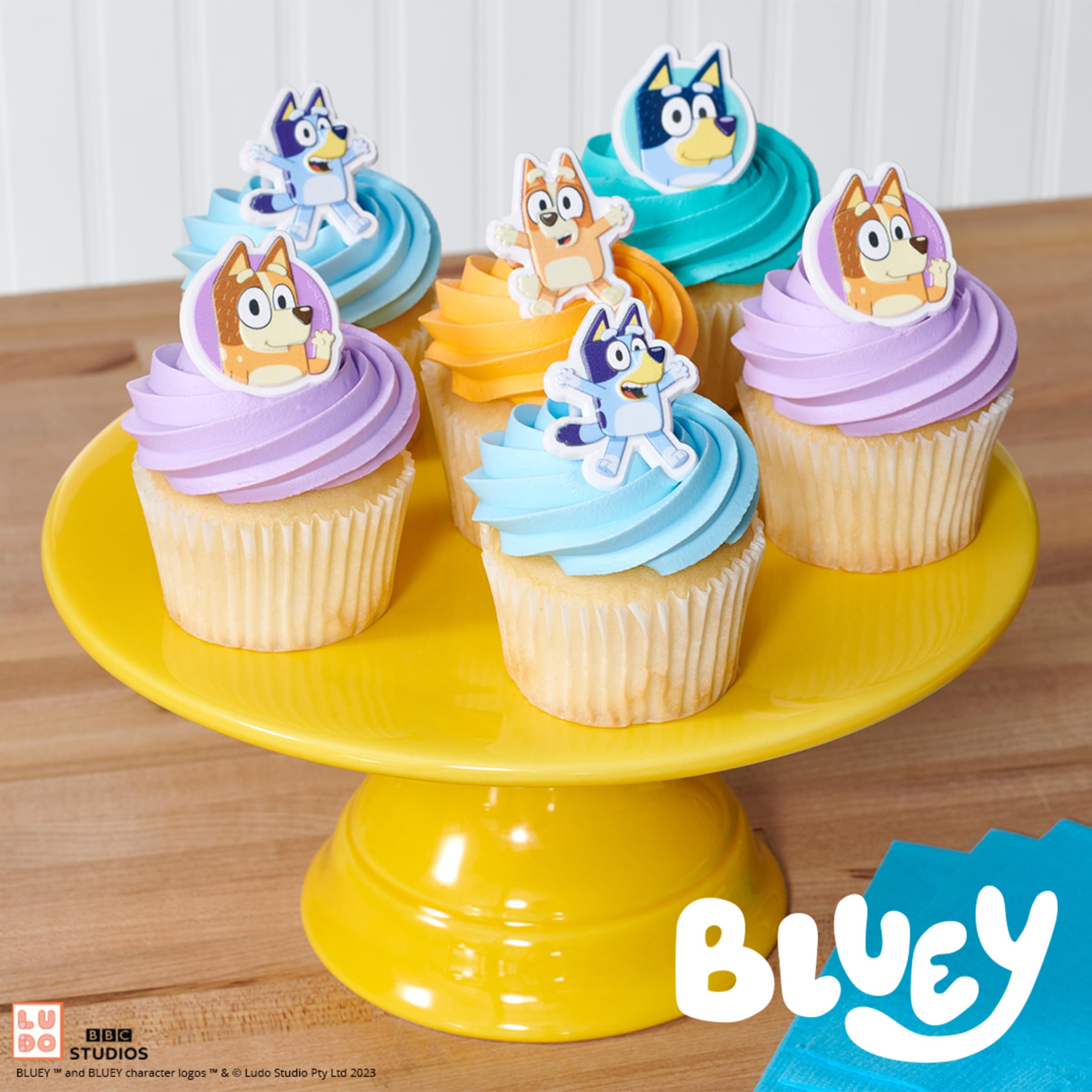 DecoPac Bluey So Much Fun Rings, Cupcake Decorations Featuring Bluey, Bingo, Bandit, and Chilli, 3D Food Safe Cake Toppers – 72 Pack