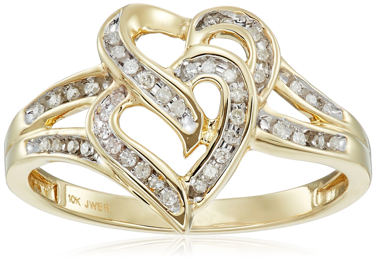 Amazon Collection 10K Yellow Gold Diamond Two Hearts Ring (1/10 cttw)