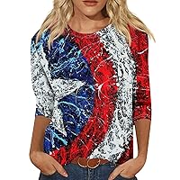 Independence Day Fashion 3/4 Sleeve Tops for Womens USA Printed 4th of July Shirt Casual 2024 Trendy Tshirts