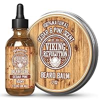 Viking Revolution Cedar and Pine Beard Balm for Men and Beard Oil Bundle - With Argan and Jojoba Oils - Soften and Moisturize your Beard