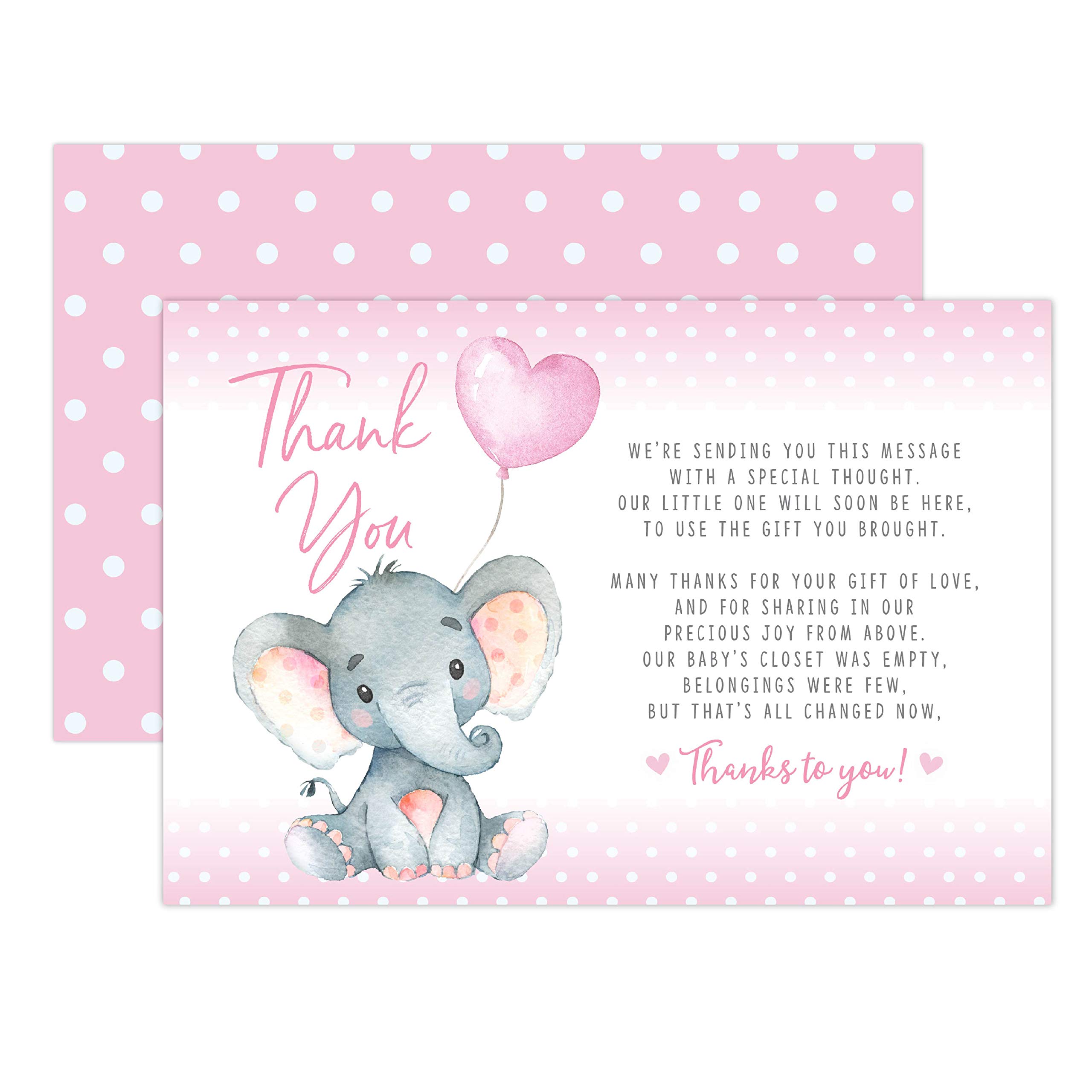 Pink Elephant Baby Shower, Thank You Cards 20 Count Pre-written Thank You Cards, Baby Sprinkle Pink Dots