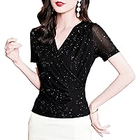 Fashion Pleated Mesh Tops for Women, Cross V Neck Short Sleeve Sequins Patchwork Blouses Ladies Elegant Work Shirts