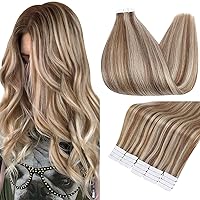 Fshine Tape in Human Hair Extensions Blonde with Brown Hair 18inch Real Hair Extensions Glue in 20 Pieces 50Grams Skin Weft Natural Hair Extensions Tape ins