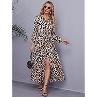 Collared Dress for Women Button Down Dress Leopard Print Split Hem Belted Shirt Dress