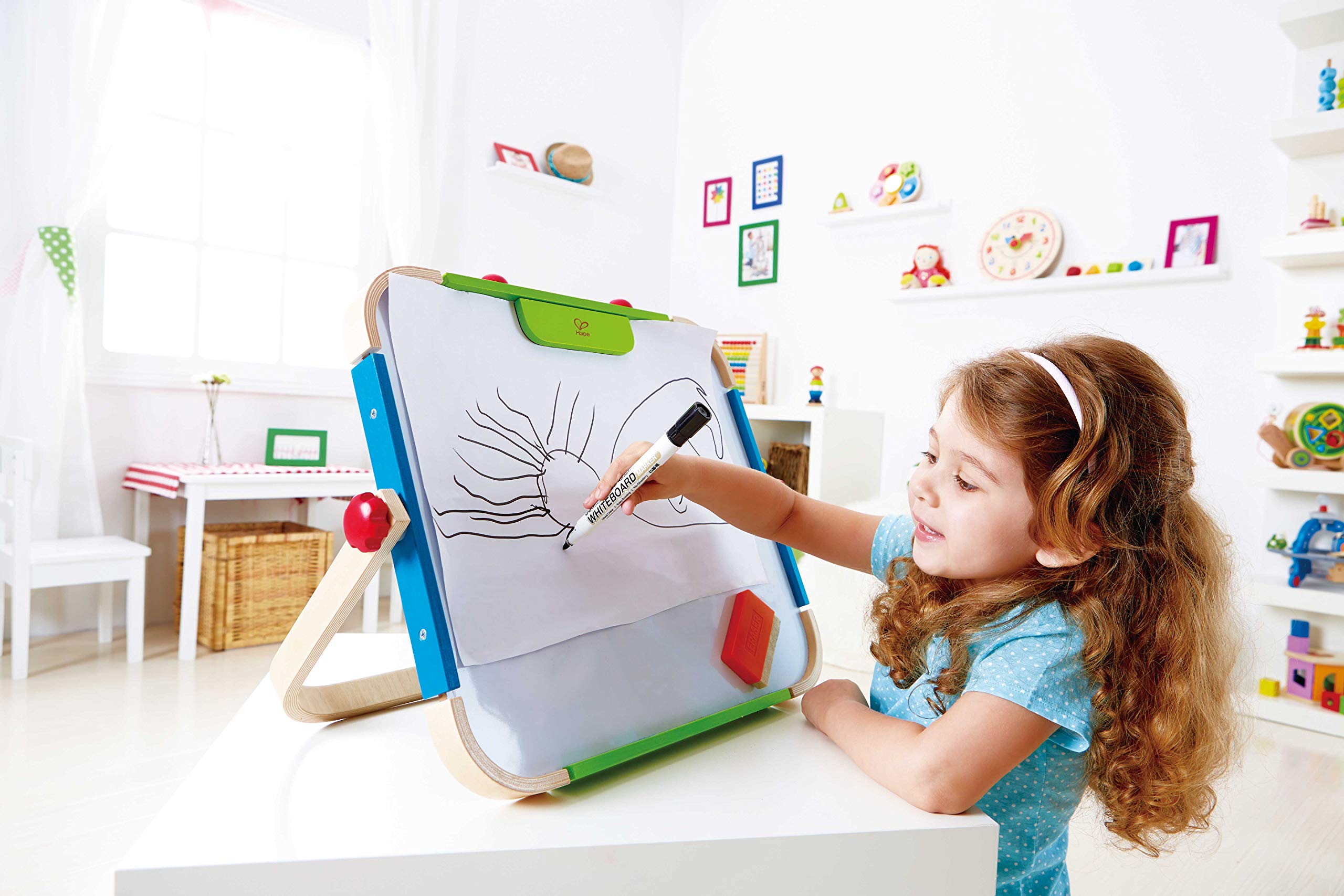 Early Explorer Anywhere Table Top Art Studio by Hape | Award Winning Double-Sided Wooden Kids Easel Whiteboard/Chalkboard with 2 Chalk Pieces, Eraser and Magnetic Wood Clamp for Paper