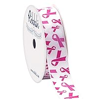 Ribbli Grosgrain Breast Cancer Awareness Craft Ribbon,7/8-Inch,10-Yard Spool, White/Pink