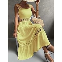 Women's Dress Guipure Lace Insert Ruffle Hem Dress Women's Dress (Color : Yellow, Size : Medium)