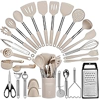 Large Cooking Utensils Set, 35 Pcs Spatula Set with Holder, Silicone Kitchen Utensils Set with Stainless Steel Handle, Cheese Grater, Ice Cream Scoop, Pizza Cutter Kitchen Gadgets (Khaki)
