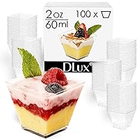 DLux 100 x 2oz Square Mini Dessert Cups (No spoons), Clear Plastic Parfait Appetizer Cup - Small Reusable Serving Bowl for Tasting Party Desserts Appetizers - With Recipe Ebook