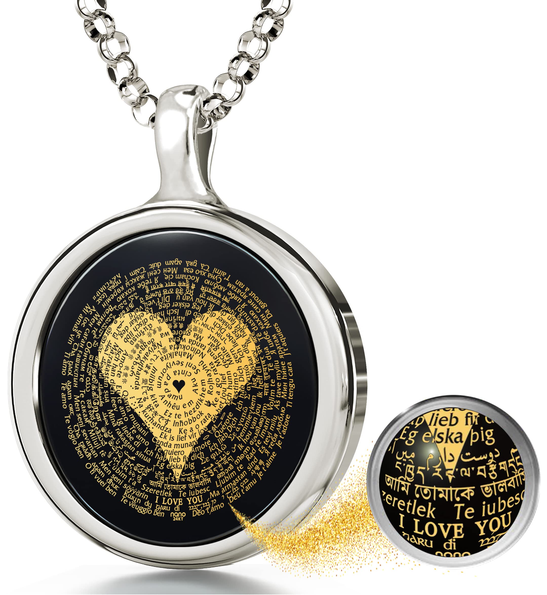 NanoStyle I Love You Necklace Inscribed with the Romantic Words in 120 Different Languages in Miniature Text of Pure Gold on Onyx Pendant for Women, 18