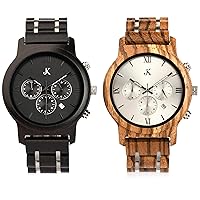 Kim Johanson Air Force Men's Wooden Stainless Steel Watch in Light Brown & Dark Brown Chronograph with Link Bracelet Handmade Quartz Analogue Watch with Gift Box