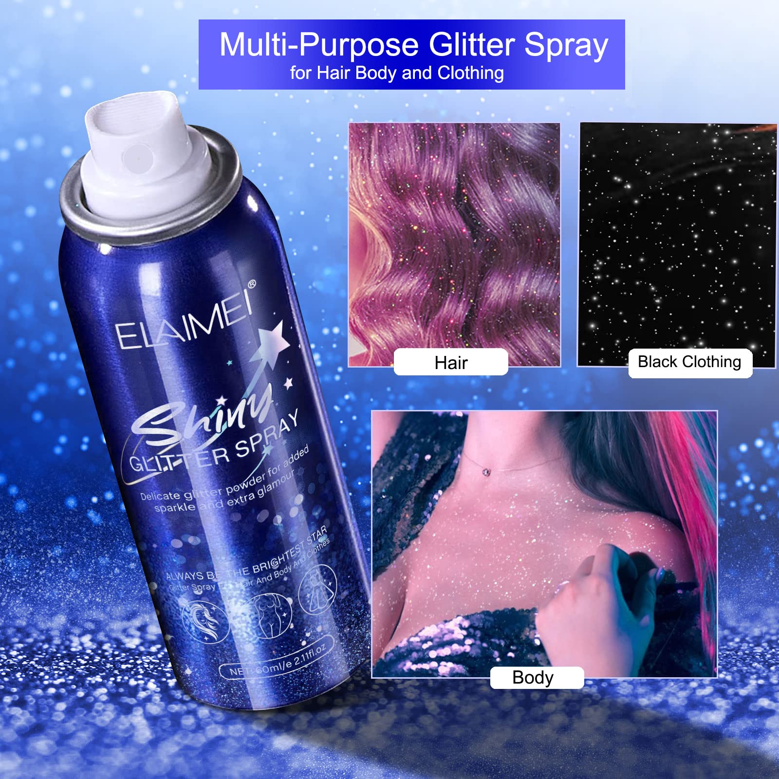 Shiny Glitter Spray, Body Glitter Spray, Hair Glitter Spray, Glitter Spray for Hair and Body (2.11 oz)