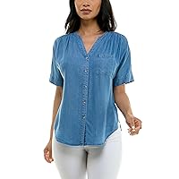 Zac & Rachel Women's Button Up Tencel Top with Short Sleeve and Front Tie Fashion Detail
