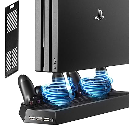 Kootek Vertical Stand with Cooling Fan for PS4 Slim/Regular Playstation 4, Controllers Charging Station with Dual Charger Ports and USB HUB for Console Dualshock 4 Controller (Not for PS4 Pro)