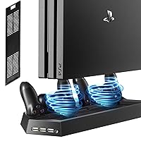 Vertical Stand with Cooling Fan for PS4 Slim/Regular Playstation 4, Controllers Charging Station with Dual Charger Ports and USB HUB for Console Dualshock 4 Controller (Not for PS4 Pro)