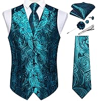 DiBanGu Mens Vest Tie Set 7PCS Silk Paisley Suit Waistcoat and Necktie Hankerchief Cufflinks Lapel Pin Set for Wedding Party