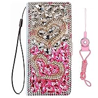 Sparkly Wallet Phone Case Compatible for Lively Jitterbug Smart 3 with Glass Screen Protector,Bling Diamonds Leather Stand Wallet Phone Cover with Lanyards (Double Pink Heart)