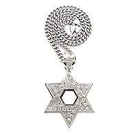 Stainless Steel Silver Tone Crystals Open Star of David Charm Pendant Cuban Chain Necklace