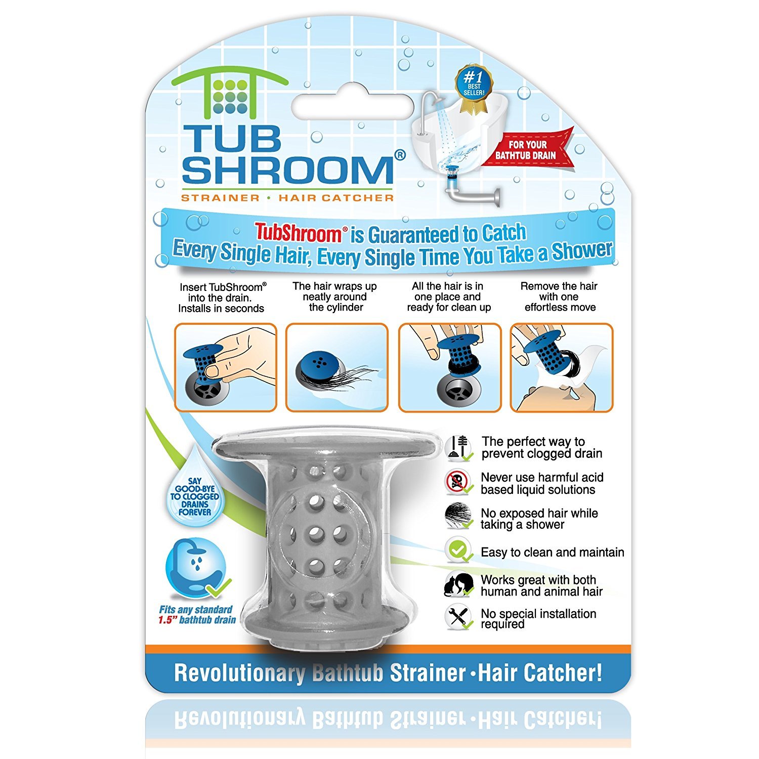 TubShroom Tub Hair Catcher Protector, Fits 1.5