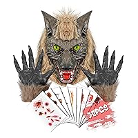 EPN Halloween Werewolf Mask and Claw Gloves with Temporary Scar Tattoos Stickers Dark Brown
