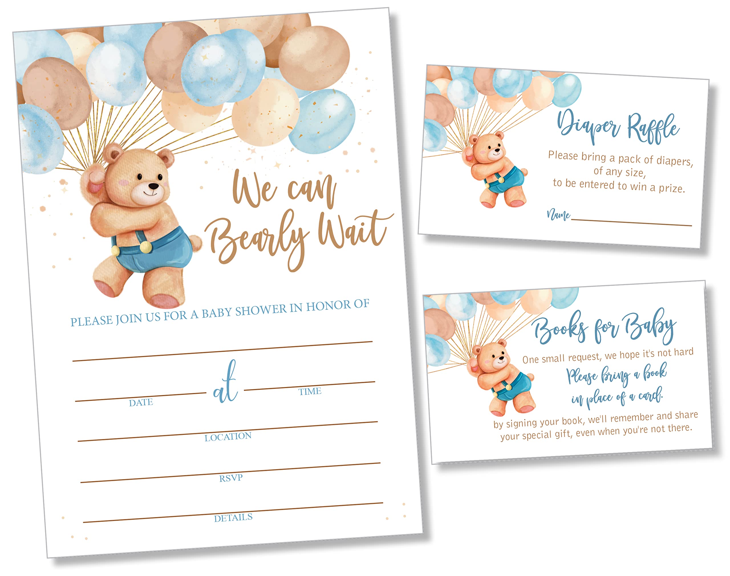 25 Teddy Bear Balloon Up Up and Away Can Bearly Wait Boy Baby Shower Invitations (Large Size 5X7 inches), Diaper Raffle Tickets, Book Request Cards with Envelopes and 50 Matching Thank You Cards Boxed