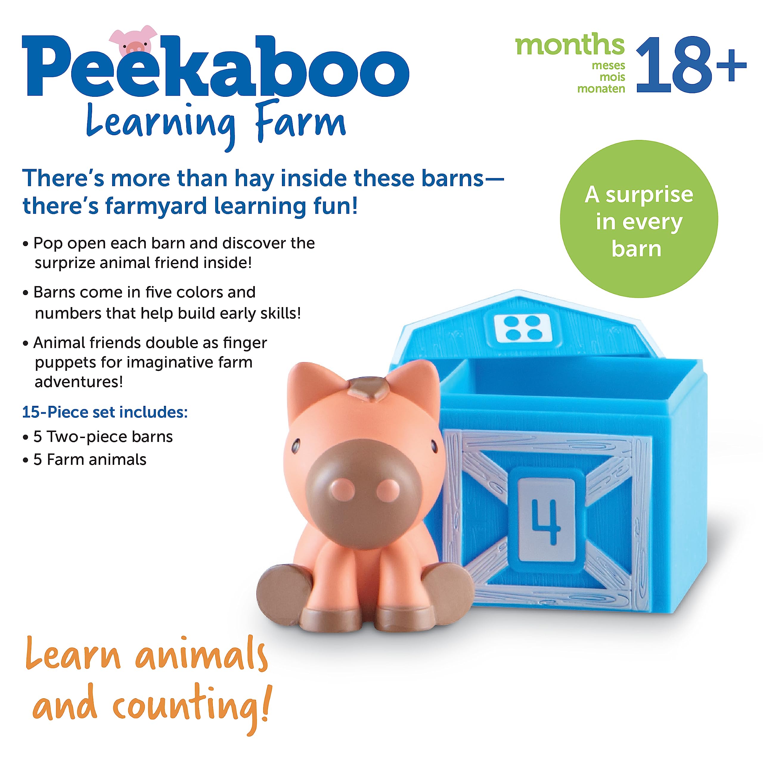 Learning Resources Peekaboo Learning Farm - 10 Pieces, Ages 18+ months Toddler Learning Toys, Counting and Sorting Toys, Farm Animals Toys,Back to School