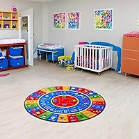 Round Kids ABC Rug 4ft, Alphabet Numbers Shapes Learning Mat for Children Playroom Bedroom, Educational Soft Circle Rug Carpet for Classroom Infant Toddlers Kids Room Game Area, Multi Color