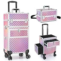 Professional Rolling Makeup Train Case, Multi-functional Cosmetic Trolley with 360° Swivel Wheels Keys, Large Storage Traveling Cart Trunk, Cosmetic Train Cases for Nail Technicians Hairstylist