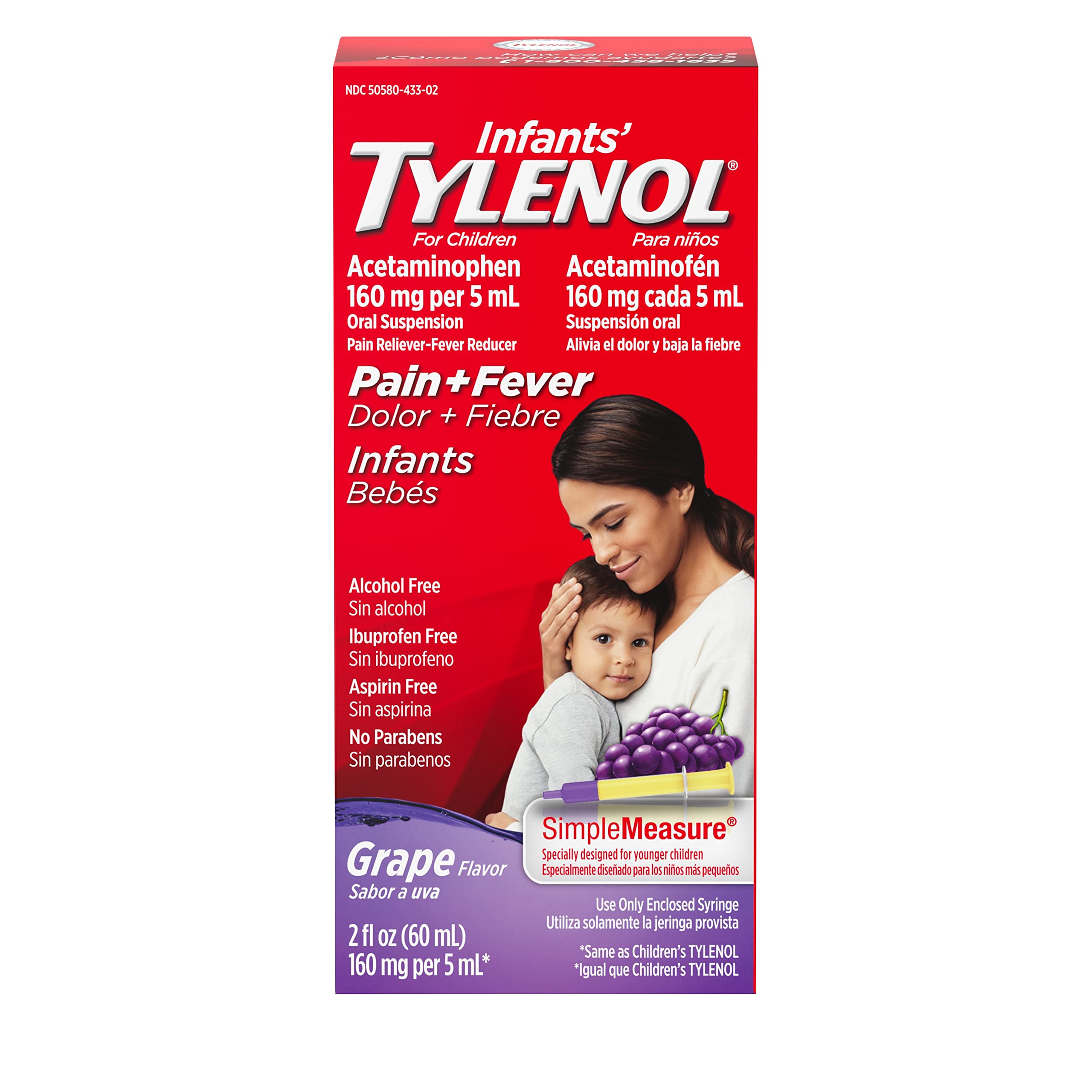 Tylenol Infants Oral Suspension Liquid Medicine with Acetaminophen, Baby Fever Reducer & Pain Reliever for Minor Aches & Pains, Sore Throat, Headache & Toothache, Grape Flavor, 2 fl. oz