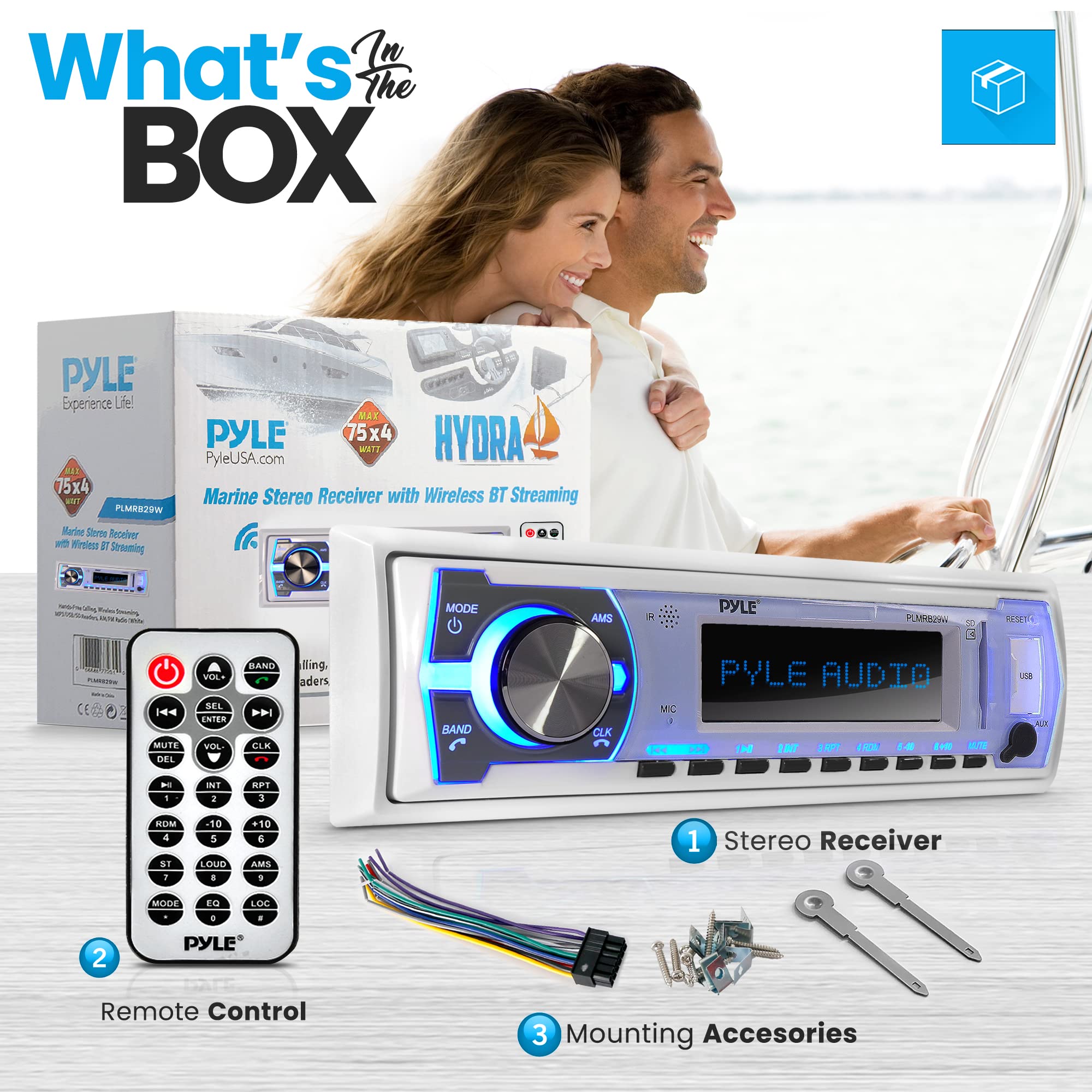 Pyle Marine Bluetooth Stereo Radio - 12v Single DIN Style Boat In dash Radio Receiver System with Built-in Mic, Digital LCD, RCA, MP3, USB, SD, AM FM Radio - Remote Control - PLMRB29W (White)